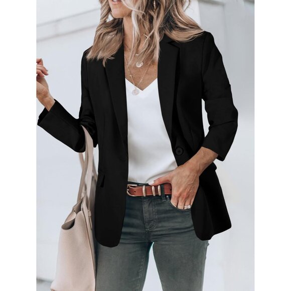 Women’s Black Cicy Bell Casual Blazer Open Front Long Sleeve Office Suit - Picture 2 of 5